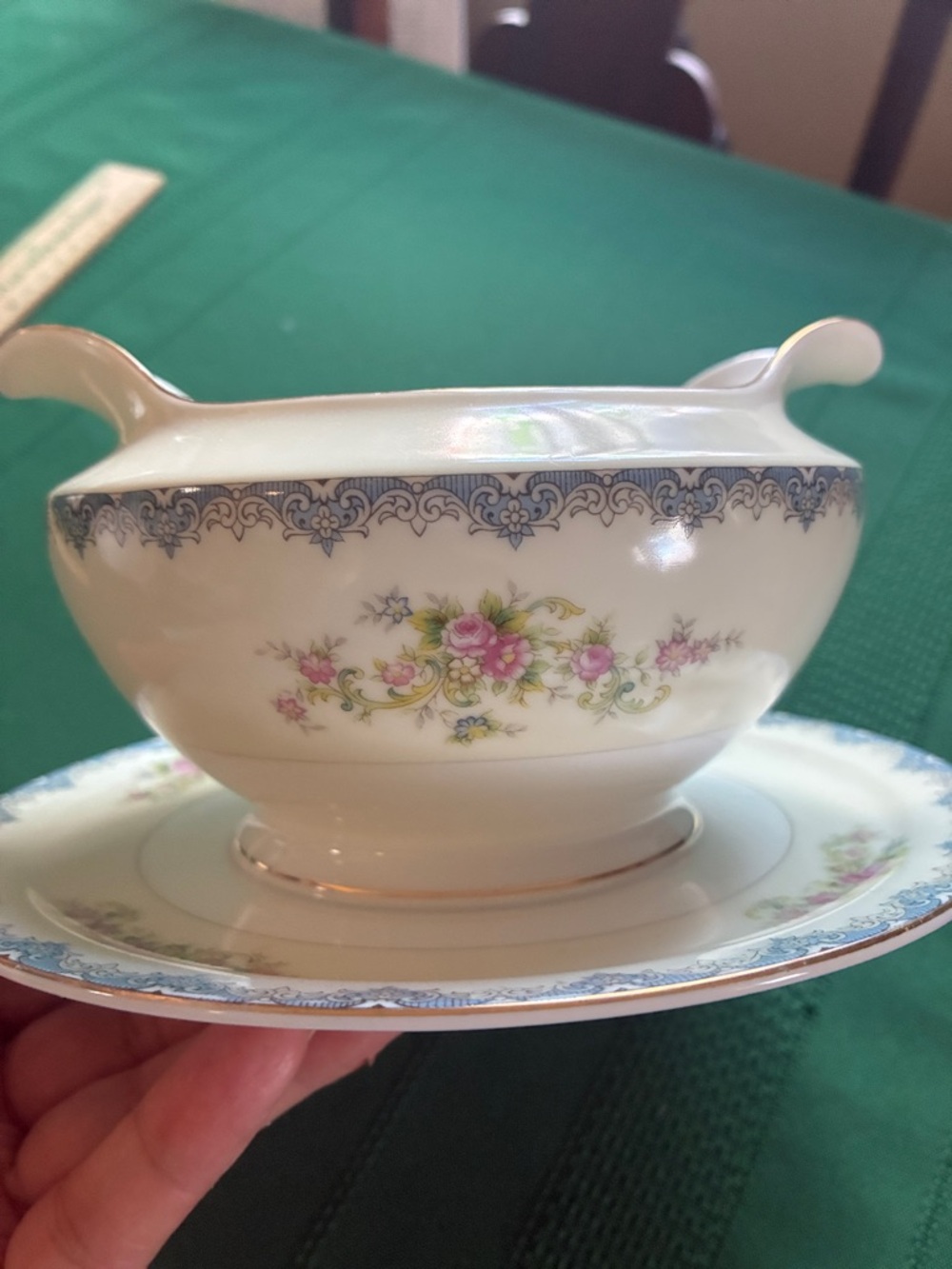 Porcelain Floral Gravy Boat with Underplate - White and Blue with Pink Flowers